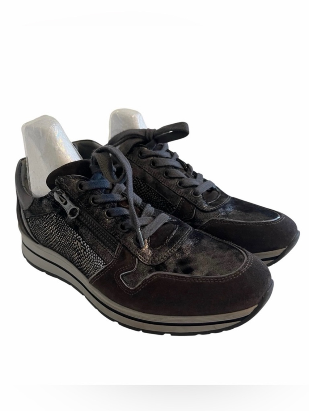 Nero Giardini Grey Suede with Silver Tone Metallic Leather Lace Up Sneakers